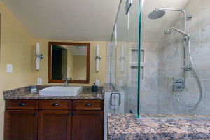bathroom-vaulted-ceiling-dark-vanity-granite