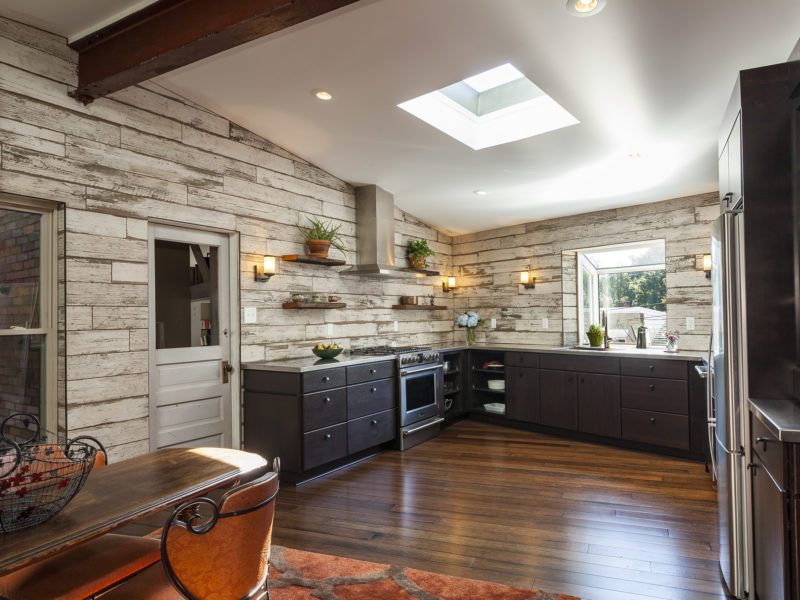 kitchen remodel-wood look tile-accent wall-dark wood cabinets-skylight
