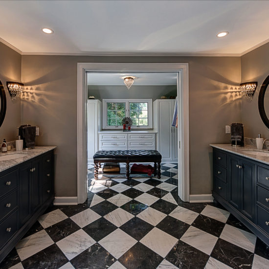 bathroom remodel-checkerboard tile-black and white tile-master closet-vanity cabinets