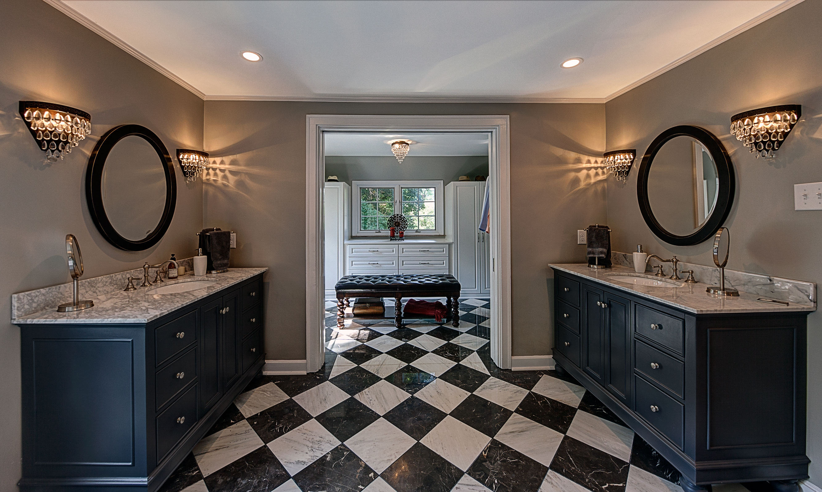 bathroom remodel-checkerboard tile-black and white tile-master closet-vanity cabinets