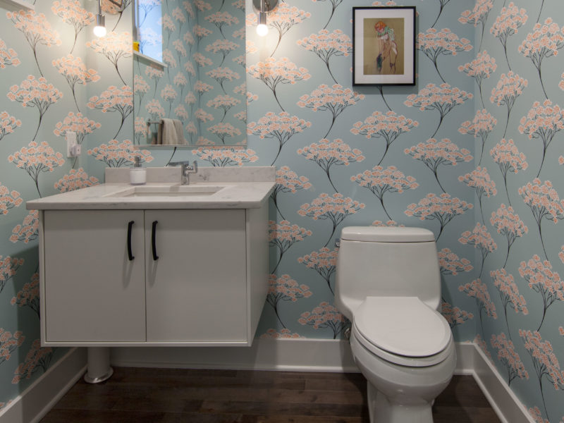 bathroom remodel-powder room-wall mounted vanity-wallpaper-blue
