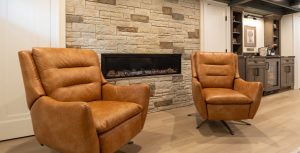 View of seating area in finished basement.