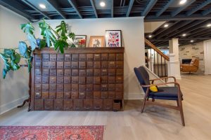 View of a vintage card catalog in a newly remodeled basement.