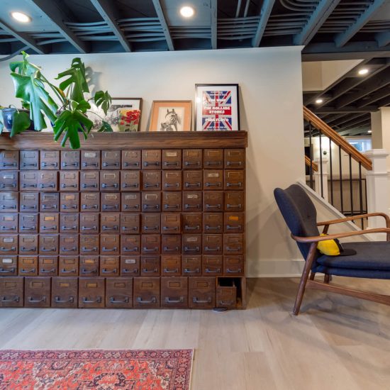 View of a vintage card catalog in a newly remodeled basement.