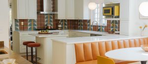 View of a bold kitchen that was part of a first floor renovation in Pittsburgh.