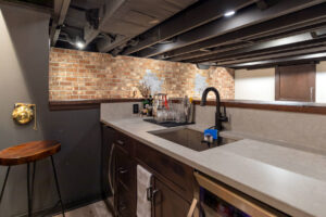 Inside view of a custom bar in a finished basement in Pittsburgh.