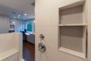 View from inside the shower of a remodeled bathroom.