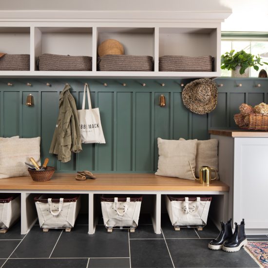 View of a custom mudroom in Mount Lebanon with built-in storage.