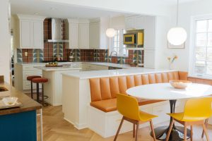 View of a bold kitchen that was part of a first floor renovation in Pittsburgh.