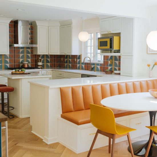 View of a bold kitchen that was part of a first floor renovation in Pittsburgh.