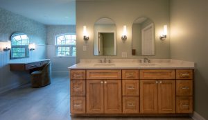 View of the double vanity in a newly remodeled spacious master bathroom.